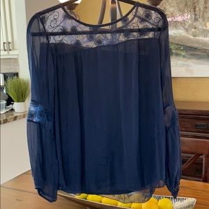Carla Conti~ Navy blue 100% silk lace blouse.